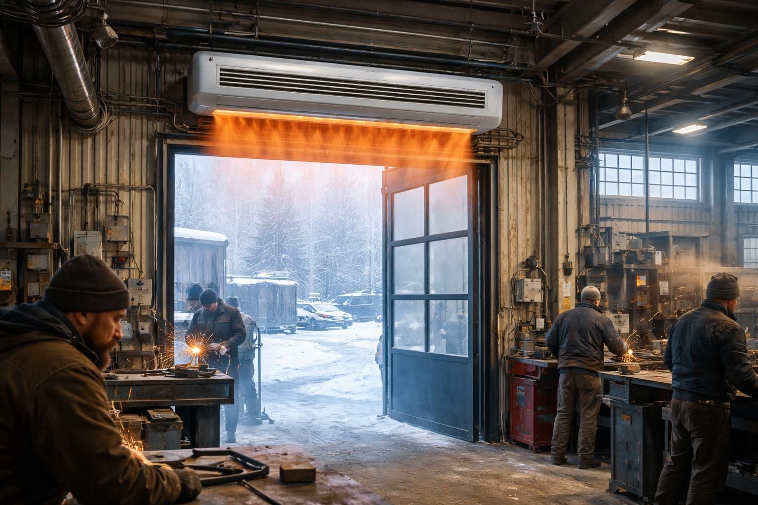 améliorez le confort de votre atelier en hiver grâce à un rideau d’air chaud, pour une chaleur constante et une meilleure efficacité énergétique.