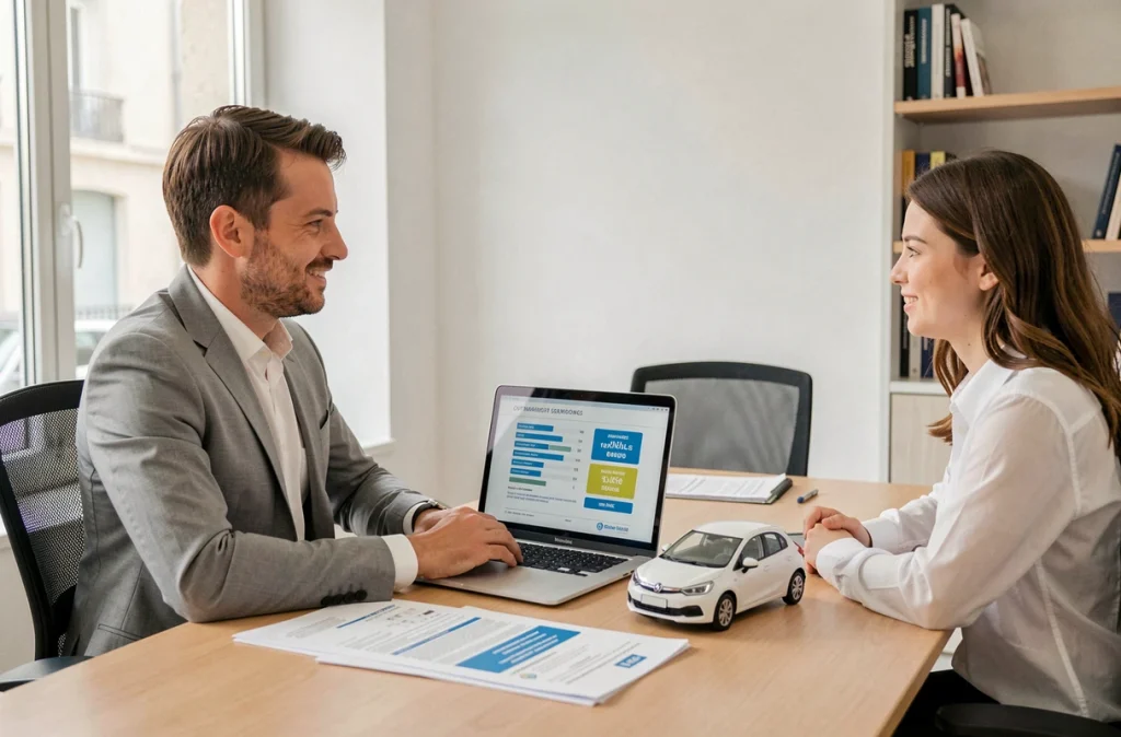 Agent d'assurance présentant un contrat auto à un couple dans une agence moderne en France