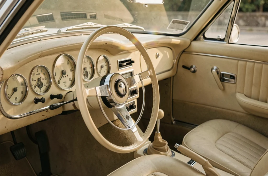 Intérieur authentique de la BMW 507 avec volant en Bakélite ivoire, tableau de bord à cadrans analogiques et sièges en cuir sellier cousus main, photographié en gros plan depuis la perspective du conducteur