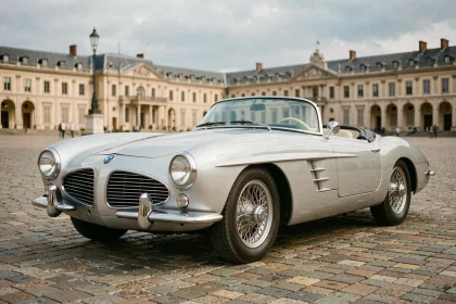 BMW 507 roadster de 1956 en finition argent sur une place pavée européenne, vue trois quarts avant grand angle mettant en valeur la carrosserie aluminium sculptée et les jantes à rayons chromés
