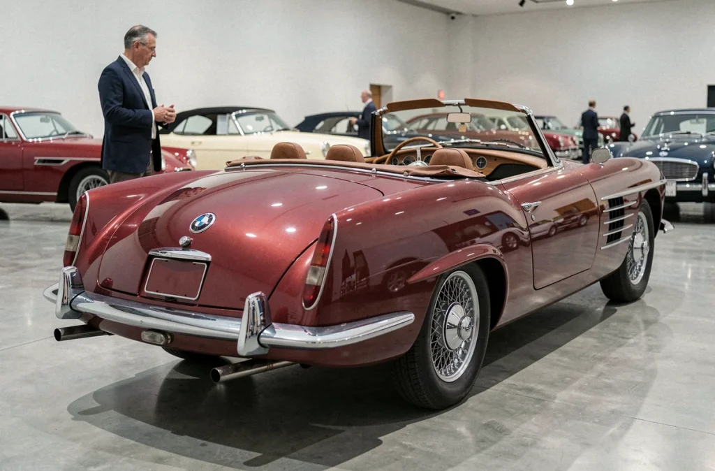 BMW 507 restaurée en rouge profond exposée dans un musée automobile, vue arrière trois quarts révélant le couvercle de coffre et les chromes emblématiques, avec un conservateur en blazer marine en arrière-plan flou