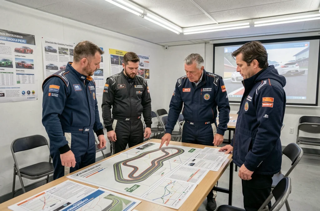 Briefing de stage de pilotage avec un instructeur expliquant le tracé du circuit à des participants autour d'une table