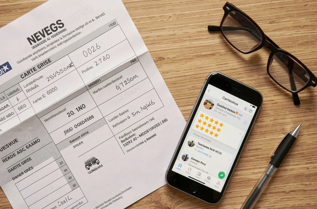 Vue de dessus d'une carte grise française posée sur un bureau avec un smartphone affichant des avis en ligne