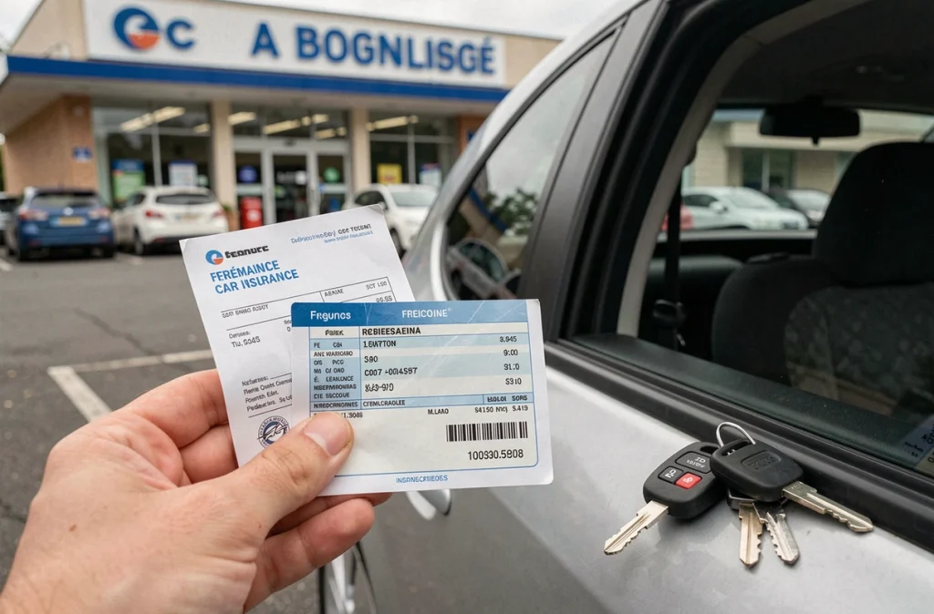 Gros plan sur une carte verte d'assurance auto et une carte grise tenues à côté d'une voiture compacte argentée