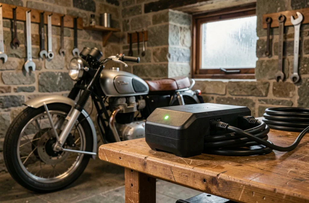 Chargeur de maintien pour moto posé sur une étagère en bois dans un garage rustique en hiver