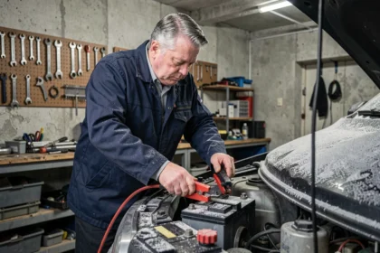 Homme connectant un chargeur de maintien sur la batterie d'une voiture dans un garage en hiver