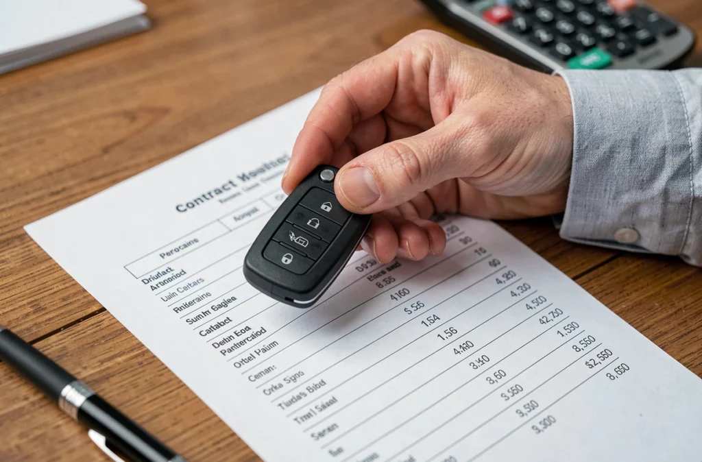 Main tenant une clé de voiture au-dessus d'un contrat de financement automobile, symbolisant la signature d'un leasing à faible mensualité sans apport