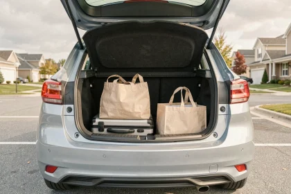 Coffre ouvert de la nouvelle Citroën C3 2026 avec bagages organisés dans un parking