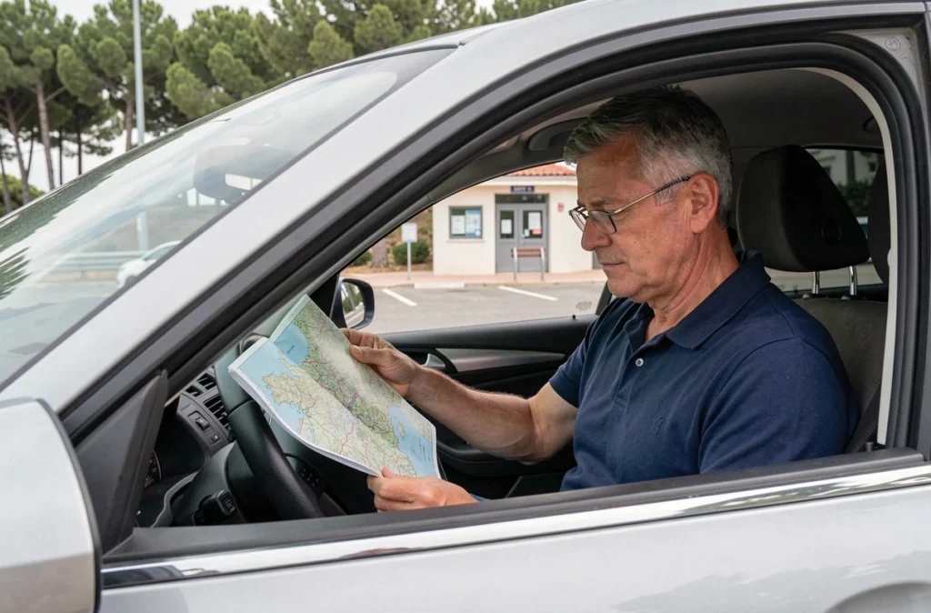 Conducteur consultant un atlas routier de France assis dans sa voiture lors d'une pause sur l'autoroute