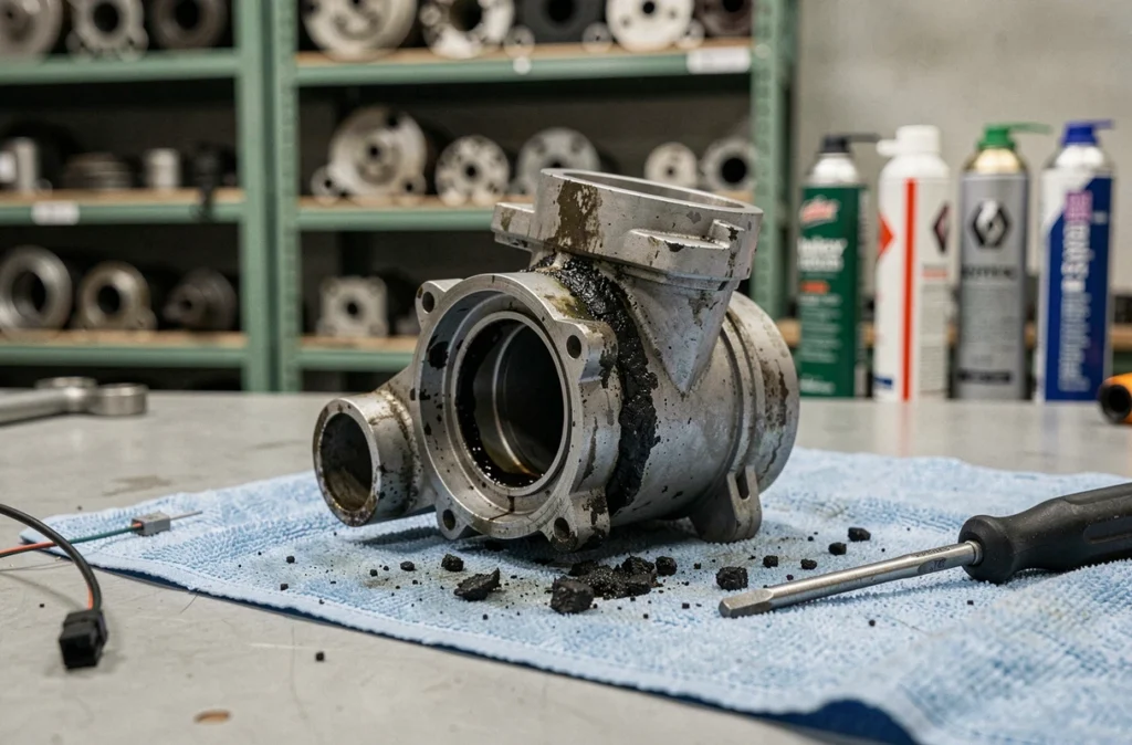 Corps de papillon Renault démonté sur un établi de garage montrant des dépôts de carbone liés au code erreur 1525F3