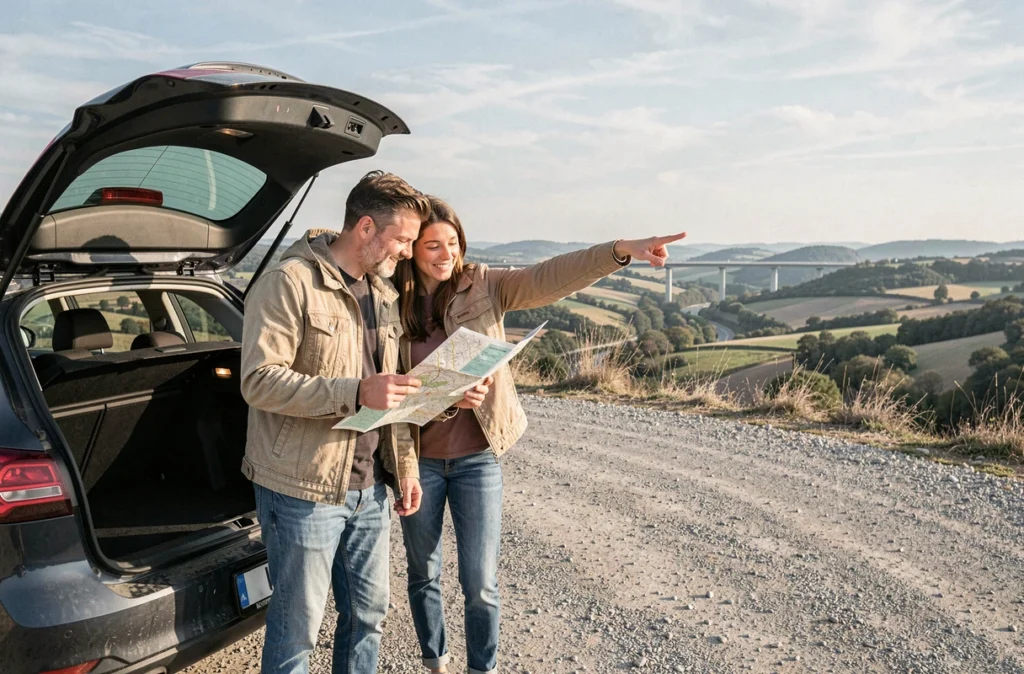 Couple planifiant leur itinéraire autoroutier avec une carte de France devant un panorama de vallée et viaduc