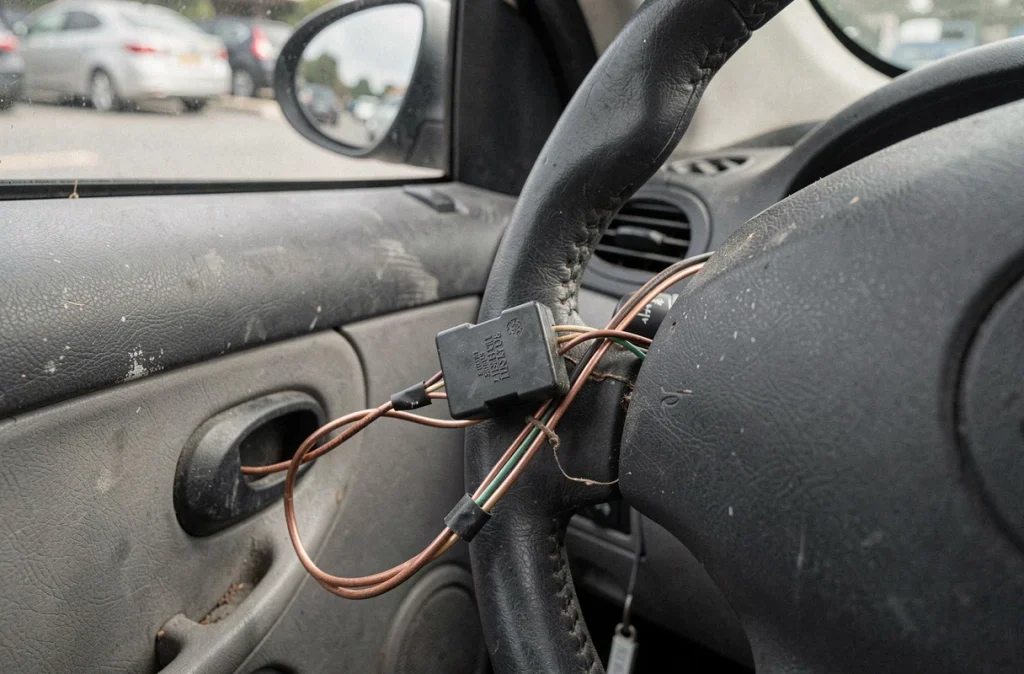 Gros plan sur le faisceau électrique et le module anti-démarrage d'une Renault Clio 2 sous la colonne de direction