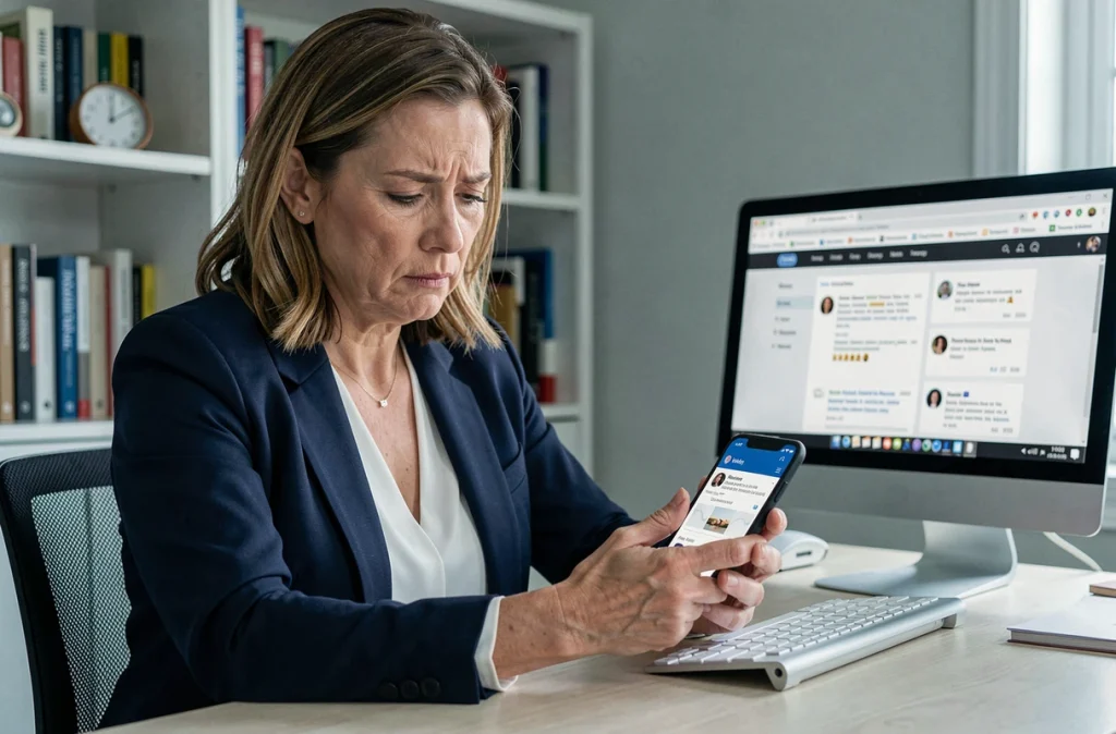 Femme consultant des avis de forums sur smartphone avant de faire une démarche de carte grise en ligne