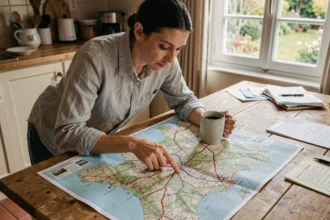 Femme consultant une carte routière de France sur une table en bois pour planifier un trajet autoroutier