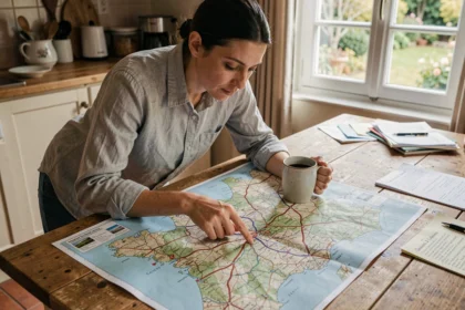 Femme consultant une carte routière de France sur une table en bois pour planifier un trajet autoroutier