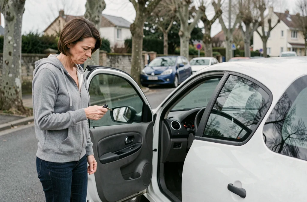 Femme frustrée tenant sa clé devant une Renault Clio 2 blanche qui ne démarre pas en pleine rue