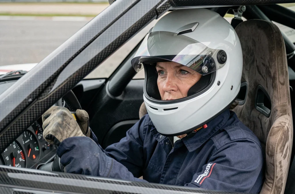 Femme pilote concentrée au volant d'une voiture de circuit vue depuis l'extérieur de l'habitacle