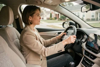 Femme au volant d'une voiture compacte moderne, illustrant une offre de leasing automobile à 59 euros par mois sans apport