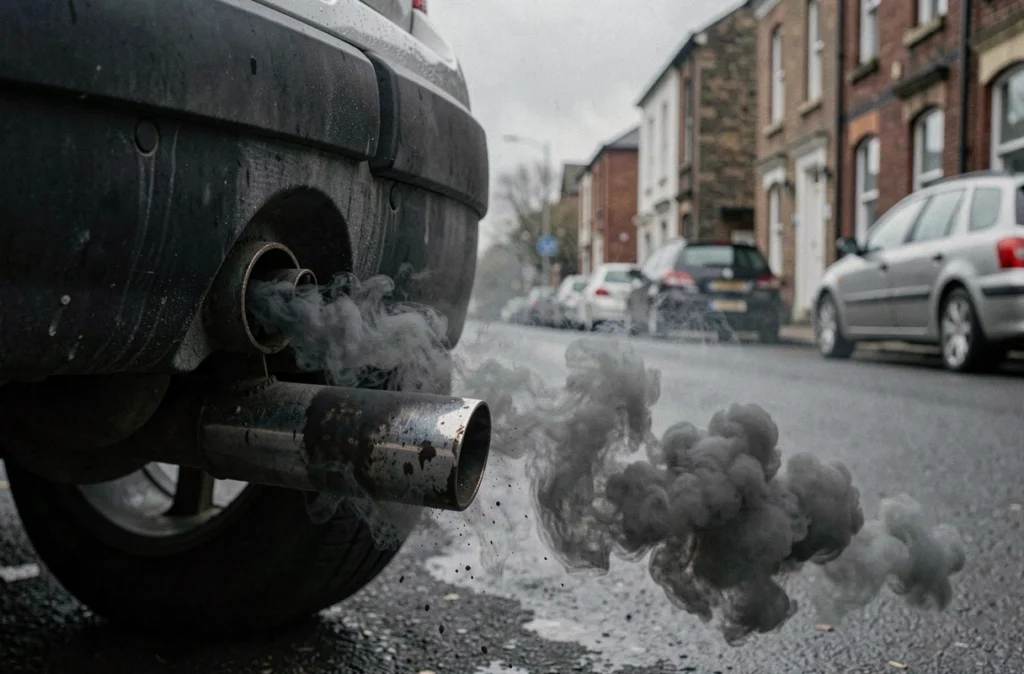 Fumée noire s'échappant du pot d'échappement d'une Peugeot liée à un problème de pression carburant P0087