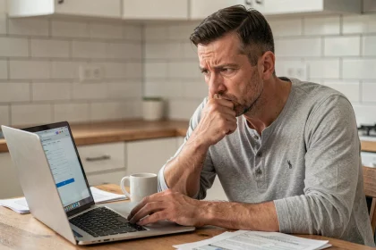 Homme sceptique consultant un formulaire en ligne de carte grise sur son ordinateur portable à la cuisine
