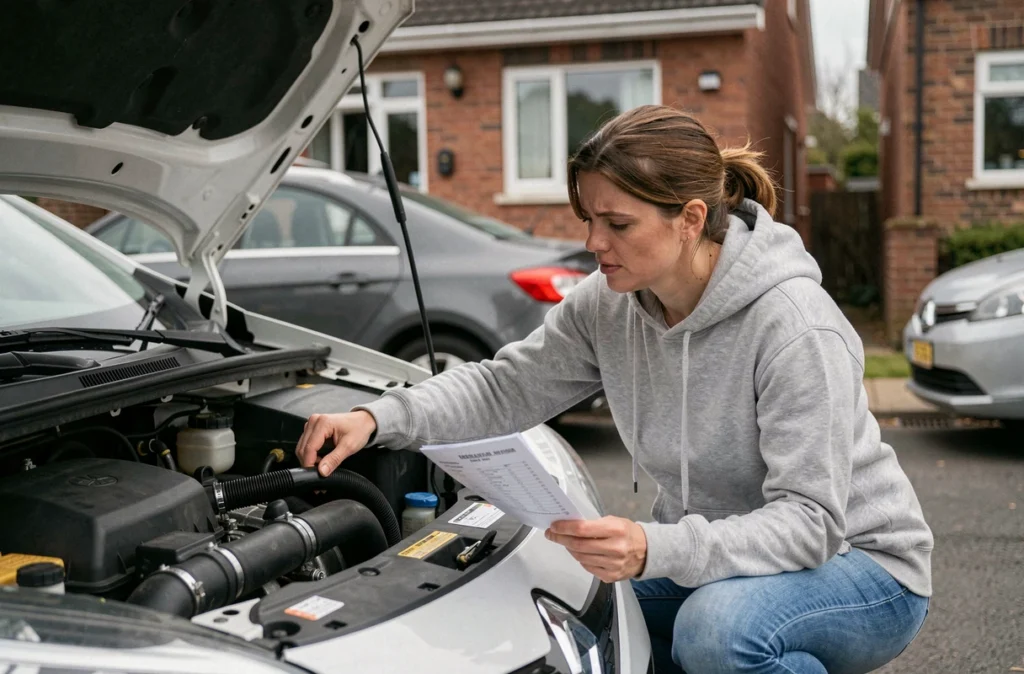 Femme inspectant les durites d'admission sous le capot d'une Renault blanche pour résoudre le code défaut récurrent 1525F3