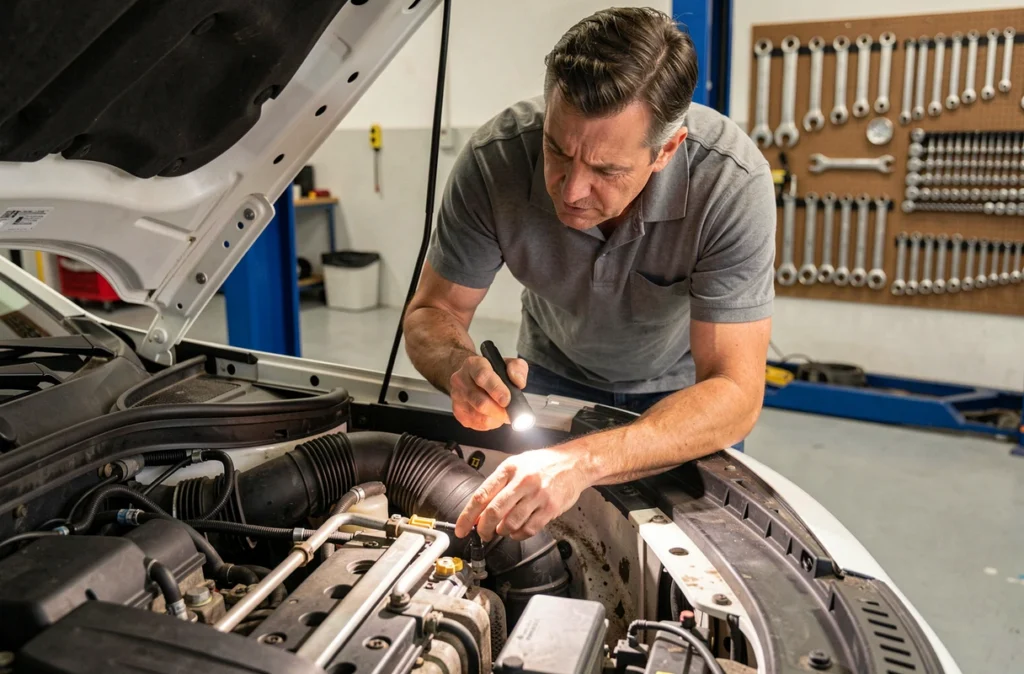 Mécanicien inspectant le circuit d'alimentation carburant sur moteur Peugeot pour diagnostiquer le code P0087