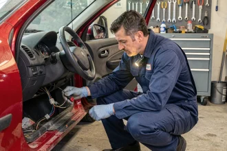 Mécanicien inspectant le système anti-démarrage sous le tableau de bord d'une Renault Clio 2 rouge dans un garage