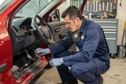 Mécanicien inspectant le système anti-démarrage sous le tableau de bord d'une Renault Clio 2 rouge dans un garage