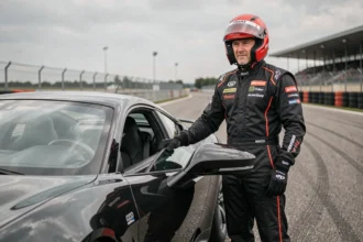 Pilote en combinaison de course rouge posant à côté d'une voiture sportive noire dans le paddock d'un circuit de pilotage