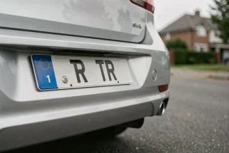 Plaque d'immatriculation TR apposée sur le pare-chocs arrière d'une voiture en stationnement dans une rue résidentielle française