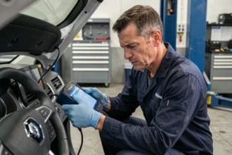 Technicien automobile connectant un scanner OBD2 sous le tableau de bord d'une Renault pour diagnostiquer le code défaut 1525F3