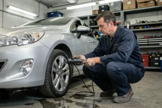 Technicien automobile branchant un scanner OBD sur une Peugeot pour lire le code défaut P0087