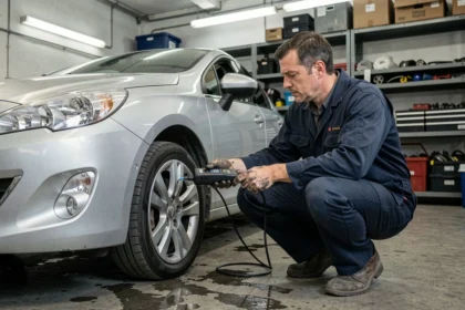 Technicien automobile branchant un scanner OBD sur une Peugeot pour lire le code défaut P0087
