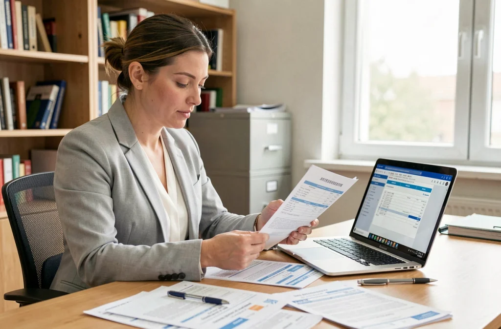 Femme consultant des documents administratifs pour vérifier la régularité d'un véhicule immatriculé en plaque TR