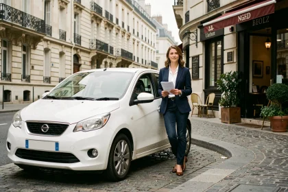 Femme tenant des documents d'assurance auto à côté d'une voiture compacte blanche garée dans une rue parisienne