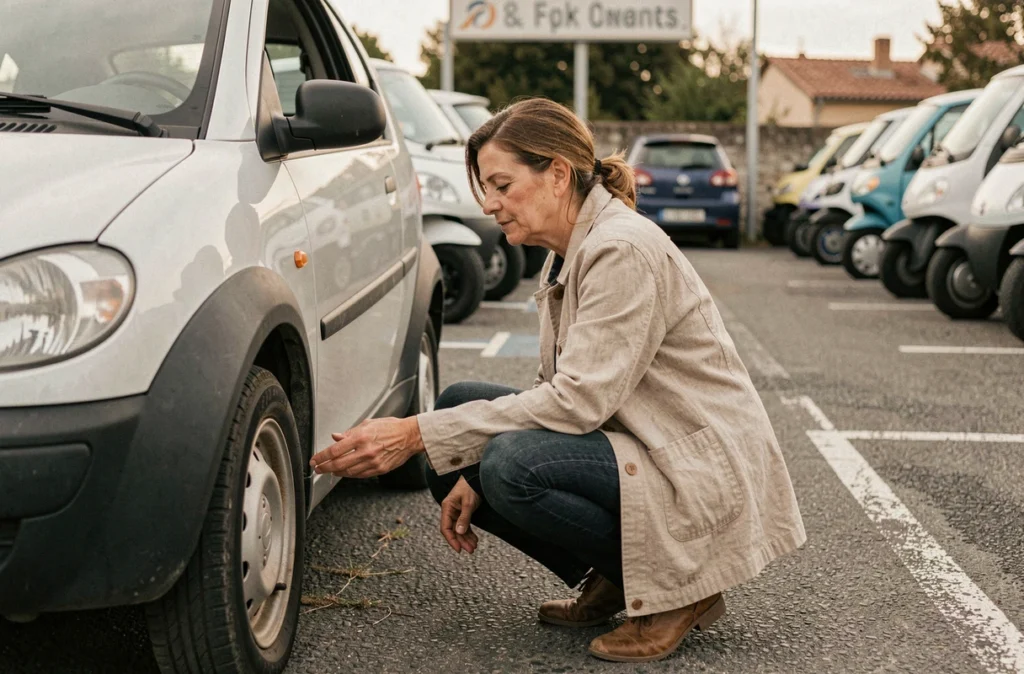 Femme inspectant une voiture sans permis d'occasion dans un concessionnaire à Toulouse