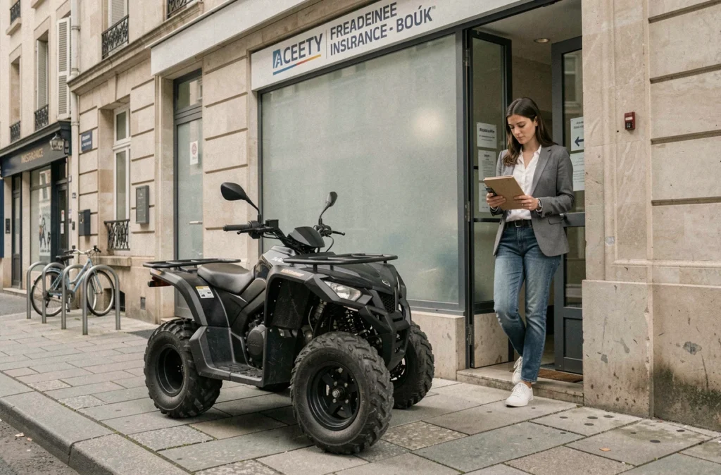 Femme sortant d'une agence d'assurance avec un dossier, quad homologué route garé devant la vitrine