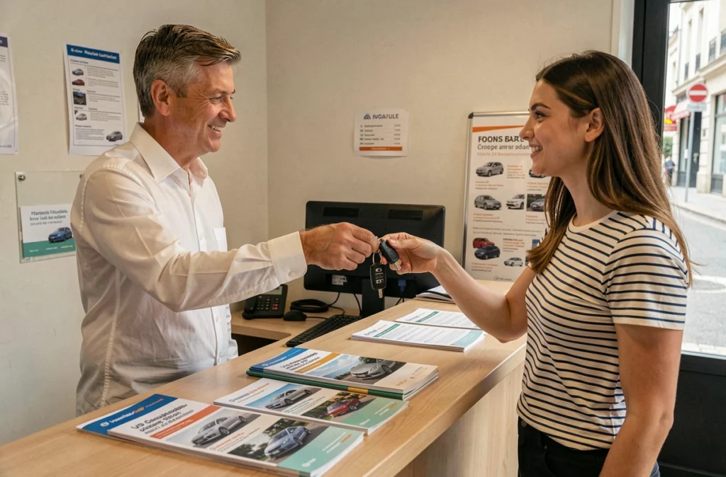 Remise des clés d'une voiture sans permis au comptoir d'une agence de location à Blois