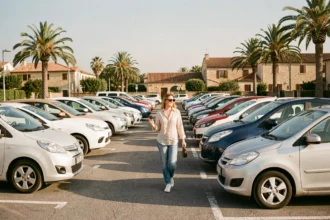 Femme récupérant une voiture de location dans un parking ensoleillé de l'Hérault avec plusieurs véhicules disponibles