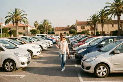 Femme récupérant une voiture de location dans un parking ensoleillé de l'Hérault avec plusieurs véhicules disponibles