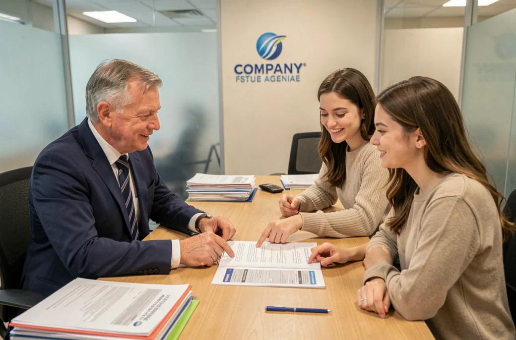 Agent d'assurance expliquant les conditions de rétractation à un couple de clients