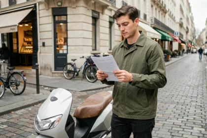 Jeune homme consultant son contrat d'assurance scooter sans BSR dans une rue urbaine française