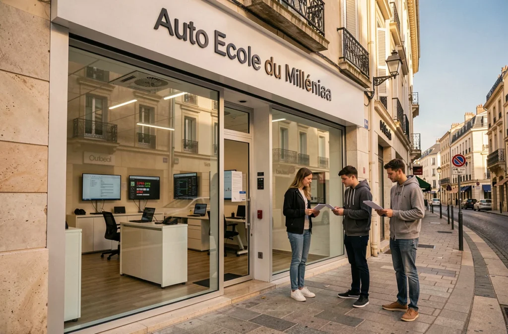 Devanture moderne de l'Auto Ecole du Millenaire à Montpellier avec des élèves discutant devant l'entrée