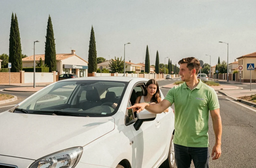 Instructeur de l'Auto Ecole O'Permis indiquant un rond-point à une élève conductrice à Montpellier