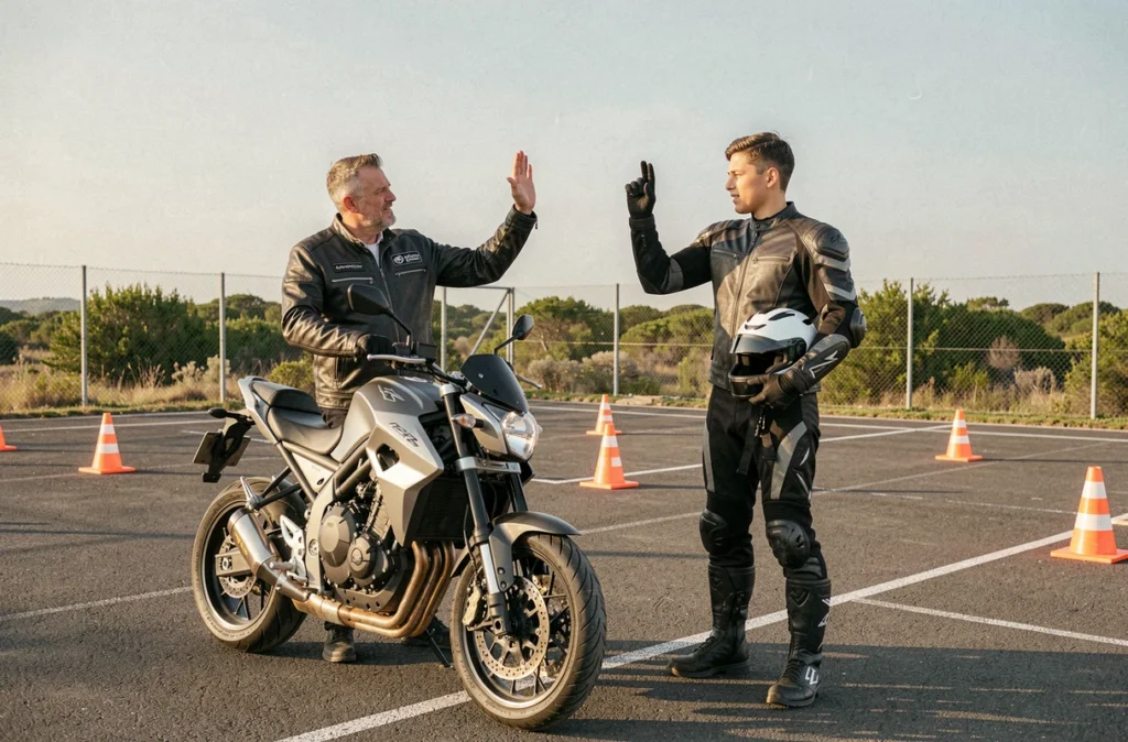 Instructeur moto Fred 34 montrant un signal de la main à un élève sur le plateau d'entraînement moto à Montpellier