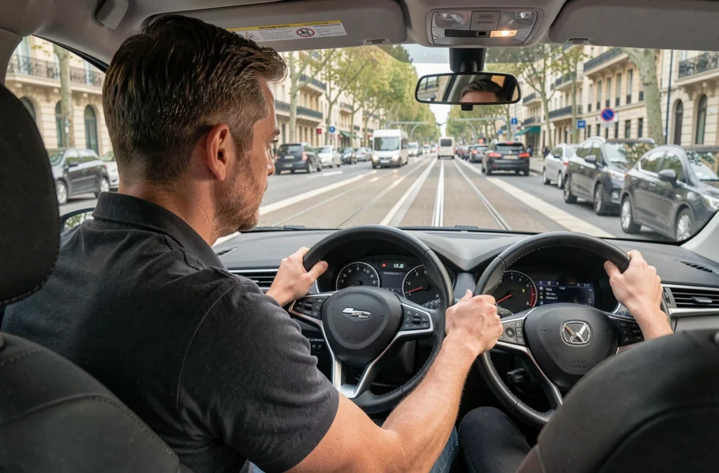 Instructeur de l'Auto-moto-école Richter supervisant un élève sur un boulevard du centre de Montpellier