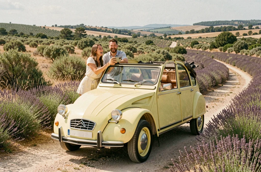 Couple souriant appuyé contre une 2CV vintage jaune garée sur une route de campagne de l'Hérault avec champs de lavande