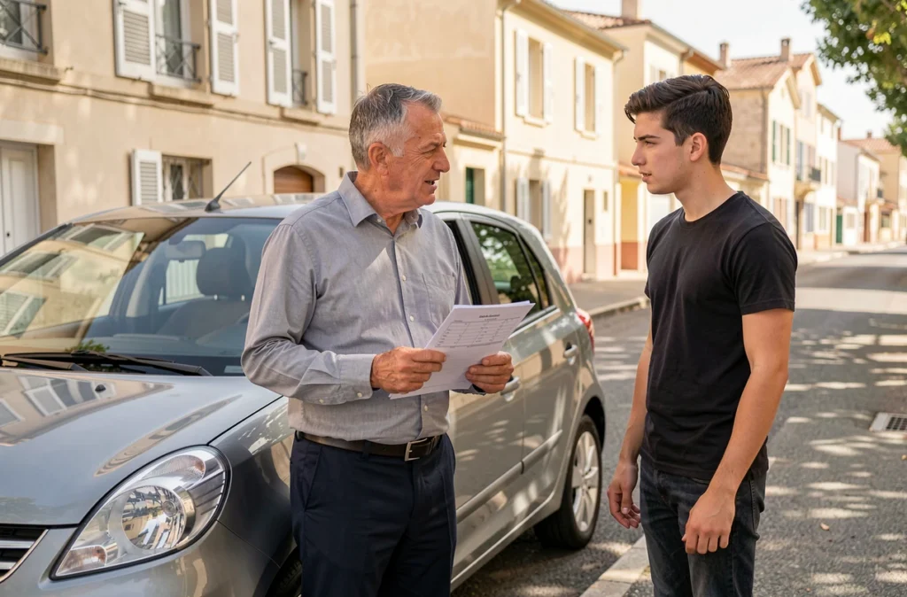 Instructeur Becuwe Vincent expliquant un point de conduite à un élève devant sa voiture école à Montpellier