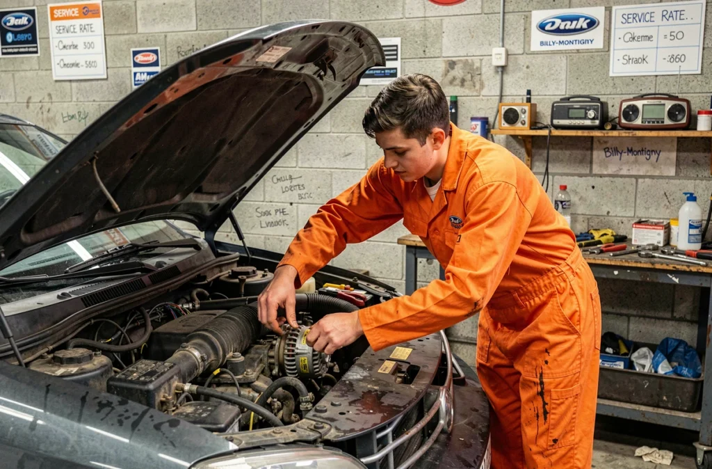 Jeune mécanicien de Billy Autos à Billy-Montigny remplaçant un alternateur dans le compartiment moteur d'une voiture