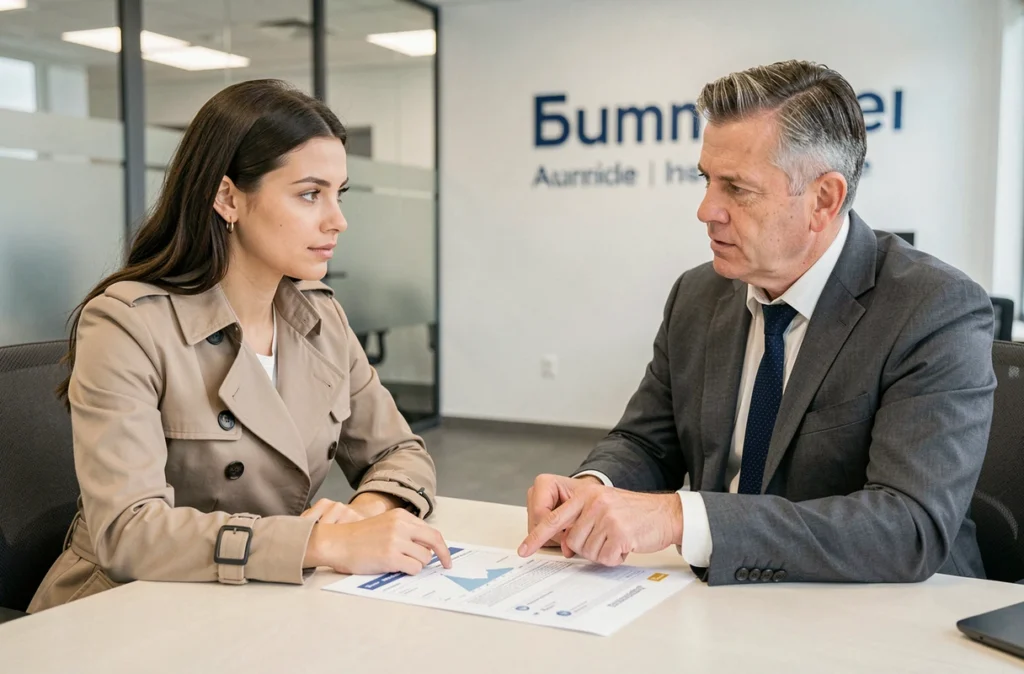 Cliente discutant du prix de son contrat d'assurance auto avec un conseiller dans une agence professionnelle